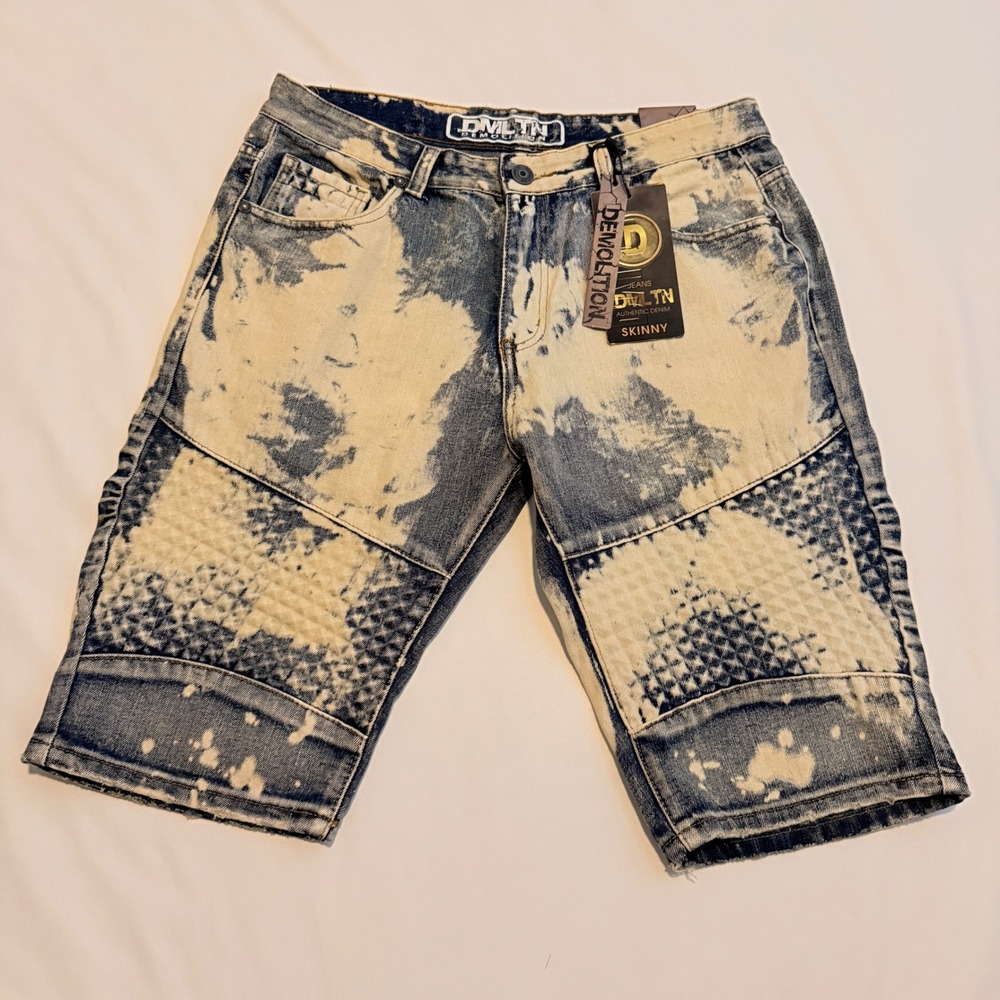 Demolition Denim Shorts Mens 36 Blue Acid Wash Quilted Moto Skinny DYJ17965S